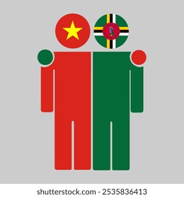 Flat illustration of two human figures with the Vietnam and Dominica flags as heads. Minimalistic design, isolated background.