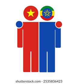 Flat illustration of two human figures with the Vietnam and Ethiopia flags as heads. Minimalistic design, isolated background.