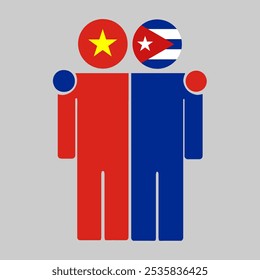 Flat illustration of two human figures with the Vietnam and Cuba flags as heads. Minimalistic design, isolated background.