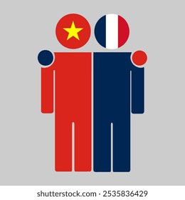 Flat illustration of two human figures with the Vietnam and France flags as heads. Minimalistic design, isolated background.