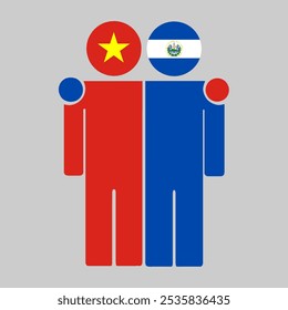 Flat illustration of two human figures with the Vietnam and El Salvador flags as heads. Minimalistic design, isolated background.