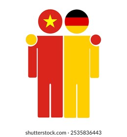 Flat illustration of two human figures with the Vietnam and Germany flags as heads. Minimalistic design, isolated background.