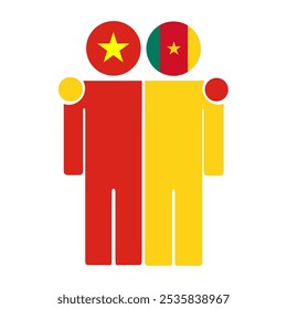 Flat illustration of two human figures with the Vietnam and Cameroon flags as heads. Minimalistic design, isolated background.