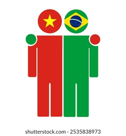 Flat illustration of two human figures with the Vietnam and Brazil flags as heads. Minimalistic design, isolated background.