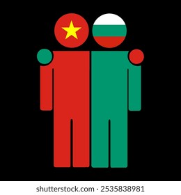 Flat illustration of two human figures with the Vietnam and Bulgaria flags as heads. Minimalistic design, isolated background.