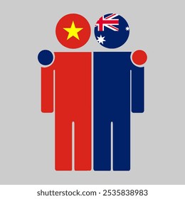 Flat illustration of two human figures with the Vietnam and Australia flags as heads. Minimalistic design, isolated background.