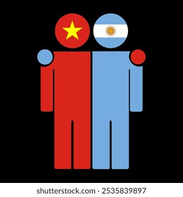 Flat illustration of two human figures with the Vietnam and Argentina flags as heads. Minimalistic design, isolated background.