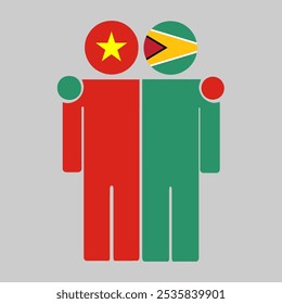 Flat illustration of two human figures with the Vietnam and Guyana flags as heads. Minimalistic design, isolated background.