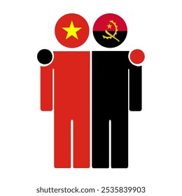 Ilustração plana de duas figuras humanas com as bandeiras do Vietnã e de Angola como cabeças. Design minimalista, fundo isolado.