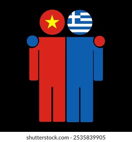 Flat illustration of two human figures with the Vietnam and Greece flags as heads. Minimalistic design, isolated background.