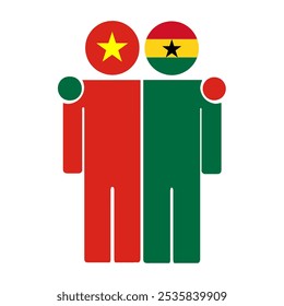 Flache Illustration von zwei menschlichen Figuren mit den Flaggen von Vietnam und Ghana als Köpfe. Minimalistisches Design, isolierter Hintergrund.