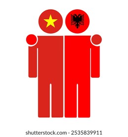 Flat illustration of two human figures with the Vietnam and Albania flags as heads. Minimalistic design, isolated background.