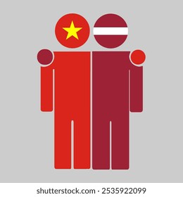 Flat illustration of two human figures with the Vietnam and Latvia flags as heads. Minimalistic design, isolated background.