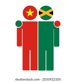 Flat illustration of two human figures with the Vietnam and Jamaica flags as heads. Minimalistic design, isolated background.