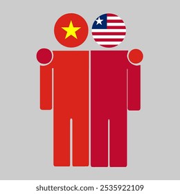 Flat illustration of two human figures with the Vietnam and Liberia flags as heads. Minimalistic design, isolated background.