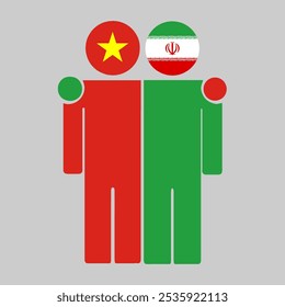 Flat illustration of two human figures with the Vietnam and Iran flags as heads. Minimalistic design, isolated background.