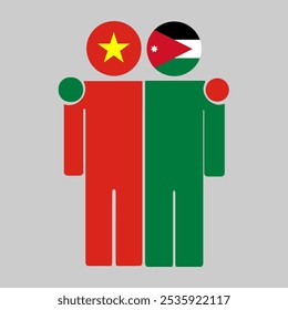 Flat illustration of two human figures with the Vietnam and Jordan flags as heads. Minimalistic design, isolated background.