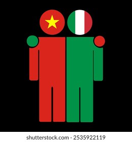 Flat illustration of two human figures with the Vietnam and Italy flags as heads. Minimalistic design, isolated background.