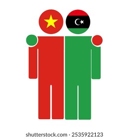 Flat illustration of two human figures with the Vietnam and Libya flags as heads. Minimalistic design, isolated background.