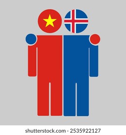Flat illustration of two human figures with the Vietnam and Iceland flags as heads. Minimalistic design, isolated background.
