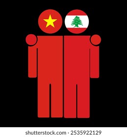 Flat illustration of two human figures with the Vietnam and Lebanon flags as heads. Minimalistic design, isolated background.