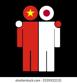 Flat illustration of two human figures with the Vietnam and Japan flags as heads. Minimalistic design, isolated background.