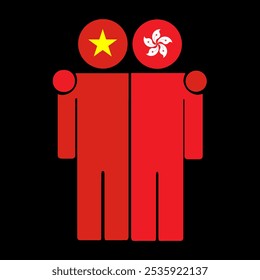 Ilustração plana de duas figuras humanas com as bandeiras do Vietnã e de Hong Kong como cabeças. Design minimalista, fundo isolado.