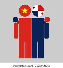 Flat illustration of two human figures with the Vietnam and Panama flags as heads. Minimalistic design, isolated background.