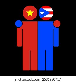 Ilustración plana de dos figuras humanas con las banderas de Vietnam y Puerto Rico como cabezas. Diseño minimalista, fondo aislado.