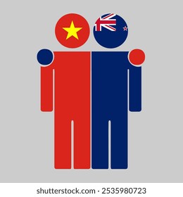 Flat illustration of two human figures with the Vietnam and New Zealand flags as heads. Minimalistic design, isolated background.