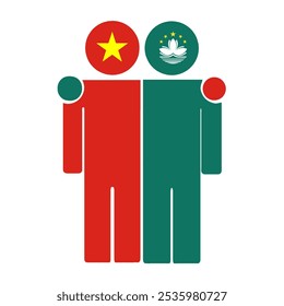 Flat illustration of two human figures with the Vietnam and Macau China flags as heads. Minimalistic design, isolated background.