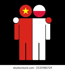 Flat illustration of two human figures with the Vietnam and Poland flags as heads. Minimalistic design, isolated background.