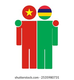 Flat illustration of two human figures with the Vietnam and Mauritius flags as heads. Minimalistic design, isolated background.