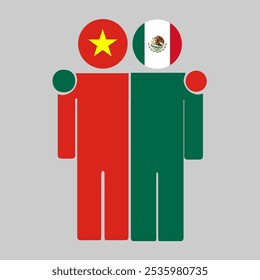 Flat illustration of two human figures with the Vietnam and Mexico flags as heads. Minimalistic design, isolated background.