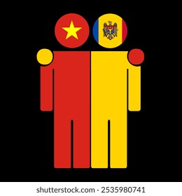 Flat illustration of two human figures with the Vietnam and Moldova flags as heads. Minimalistic design, isolated background.