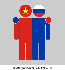 Ilustração plana de duas figuras humanas com as bandeiras do Vietnã e da Rússia como cabeças. Design minimalista, fundo isolado.