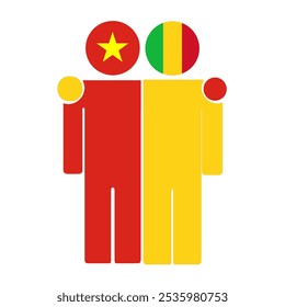 Flat illustration of two human figures with the Vietnam and Mali flags as heads. Minimalistic design, isolated background.