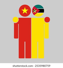 Flat illustration of two human figures with the Vietnam and Mozambique flags as heads. Minimalistic design, isolated background.