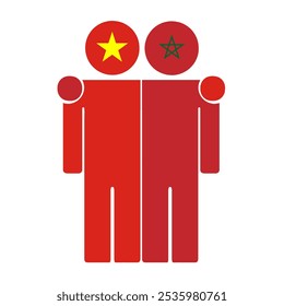 Ilustración plana de dos figuras humanas con las banderas de Vietnam y Marruecos como cabezas. Diseño minimalista, fondo aislado.