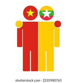 Flat illustration of two human figures with the Vietnam and Myanmar flags as heads. Minimalistic design, isolated background.