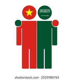 Ilustración plana de dos figuras humanas con las banderas de Vietnam y Arabia Saudita como cabezas. Diseño minimalista, fondo aislado.