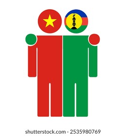 Flat illustration of two human figures with the Vietnam and New Caledonia flags as heads. Minimalistic design, isolated background.