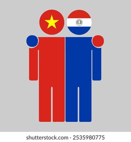 Flat illustration of two human figures with the Vietnam and Paraguay flags as heads. Minimalistic design, isolated background.