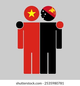 Flat illustration of two human figures with the Vietnam and Papua New Guinea flags as heads. Minimalistic design, isolated background.