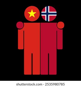 Ilustração plana de duas figuras humanas com as bandeiras do Vietnã e da Noruega como cabeças. Design minimalista, fundo isolado.