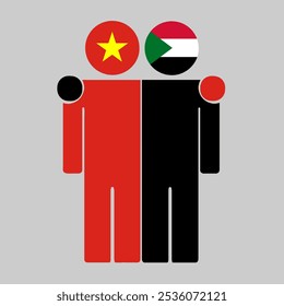 Flat illustration of two human figures with the Vietnam and Sudan flags as heads. Minimalistic design, isolated background.