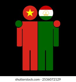 Flat illustration of two human figures with the Vietnam and Tajikistan flags as heads. Minimalistic design, isolated background.