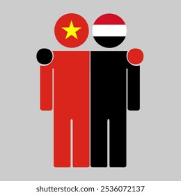 Flat illustration of two human figures with the Vietnam and Yemen flags as heads. Minimalistic design, isolated background.