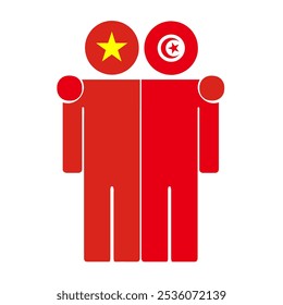 Flat illustration of two human figures with the Vietnam and Tunisia flags as heads. Minimalistic design, isolated background.