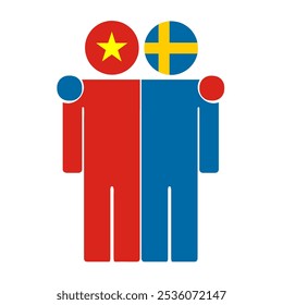 Flat illustration of two human figures with the Vietnam and Sweden flags as heads. Minimalistic design, isolated background.